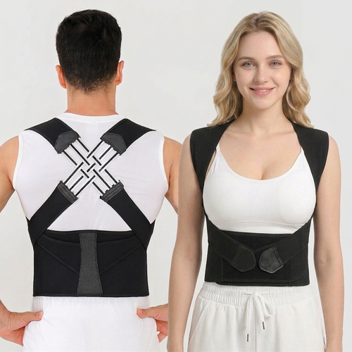 Black back brace being worn by botha ma and a woman