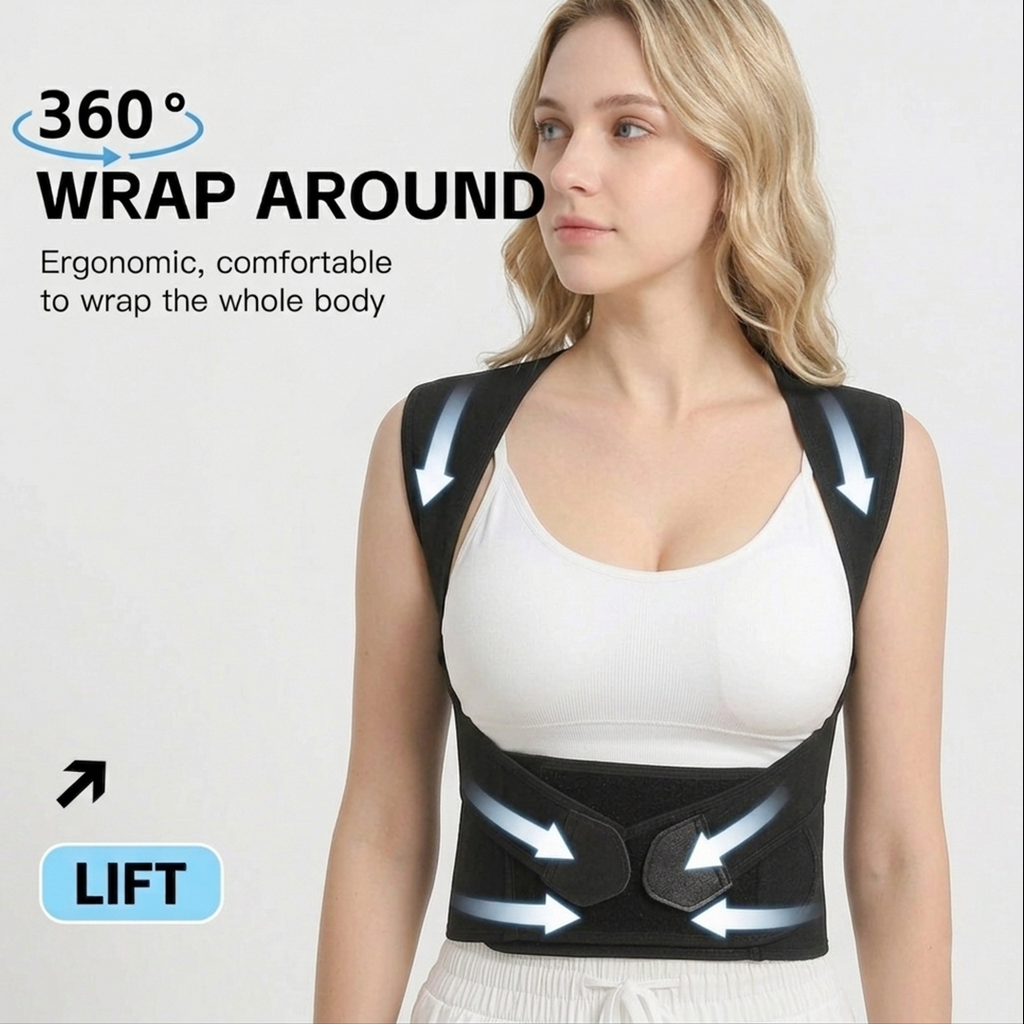 Black back brace with 360 degree wrap around straps