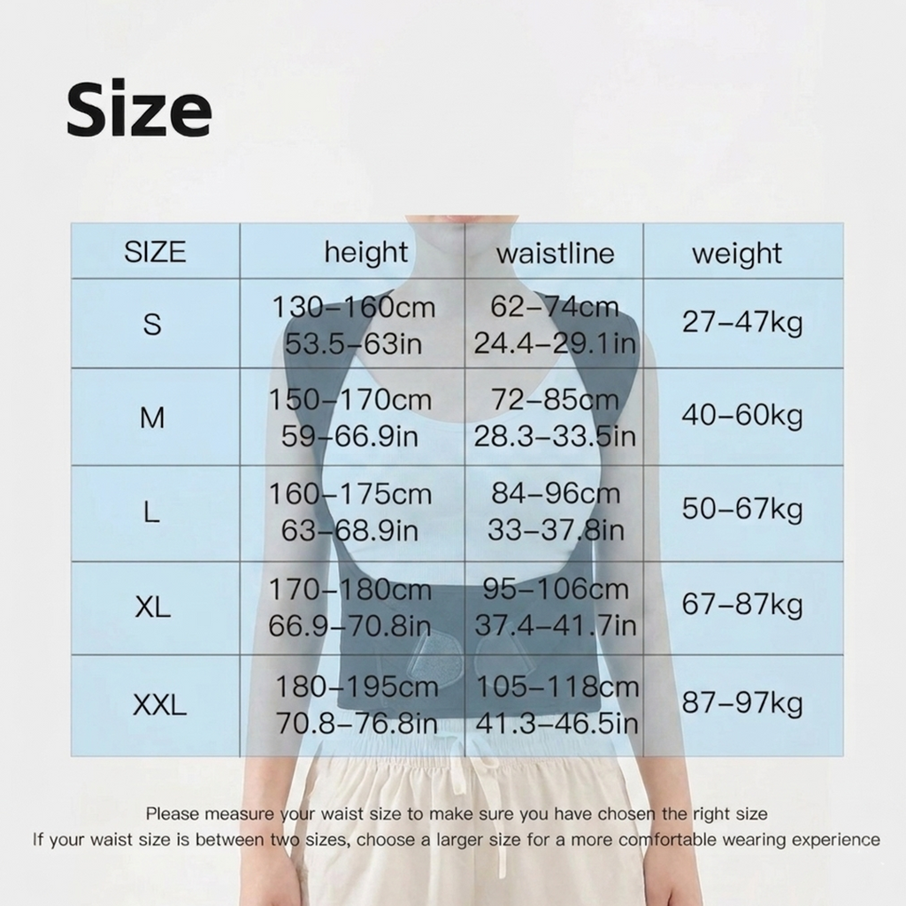 Black back brace with size dimentions