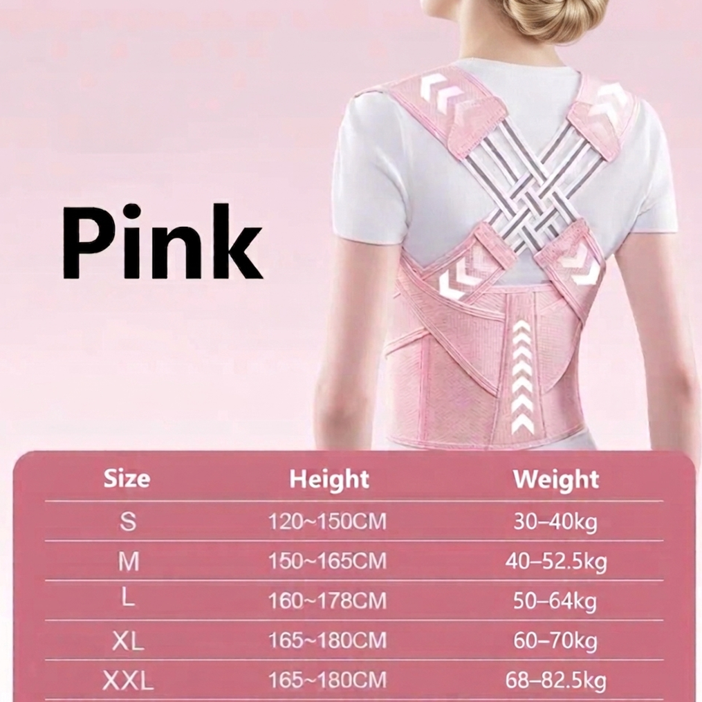 Pink Back Brace with size dimentions on pink background